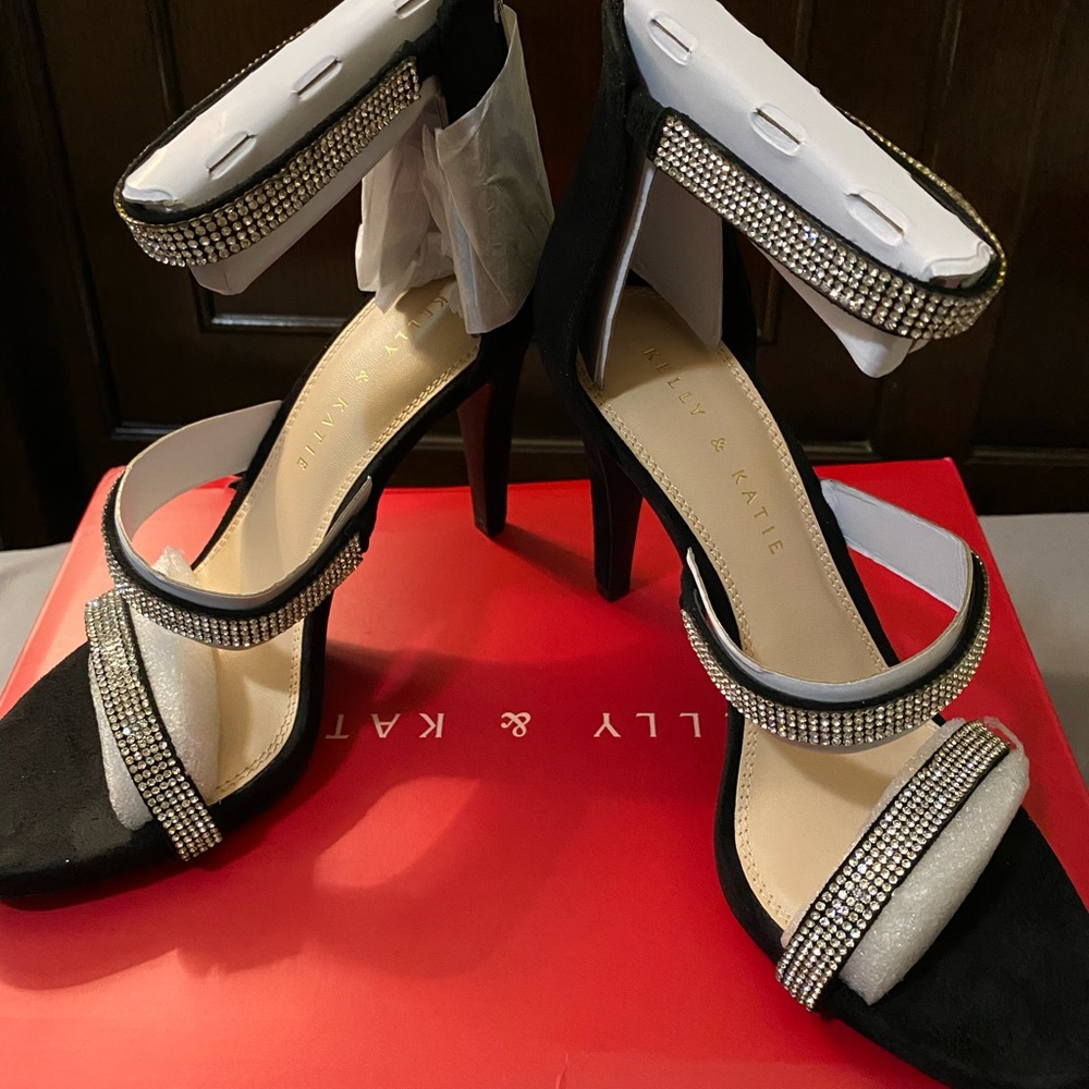 Black suede rhinestone heels